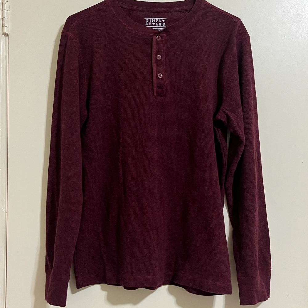 Simply Styled Heather Waffle Henley Shirt XL Burgundy Long Sleeve Thermal Top